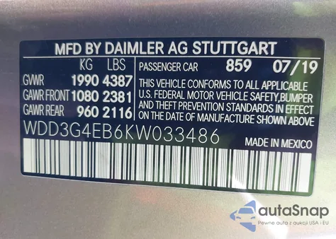 2019 Mercedes-Benz A 220 из США, поврежденный, VIN WDD3G4EB6KW033486